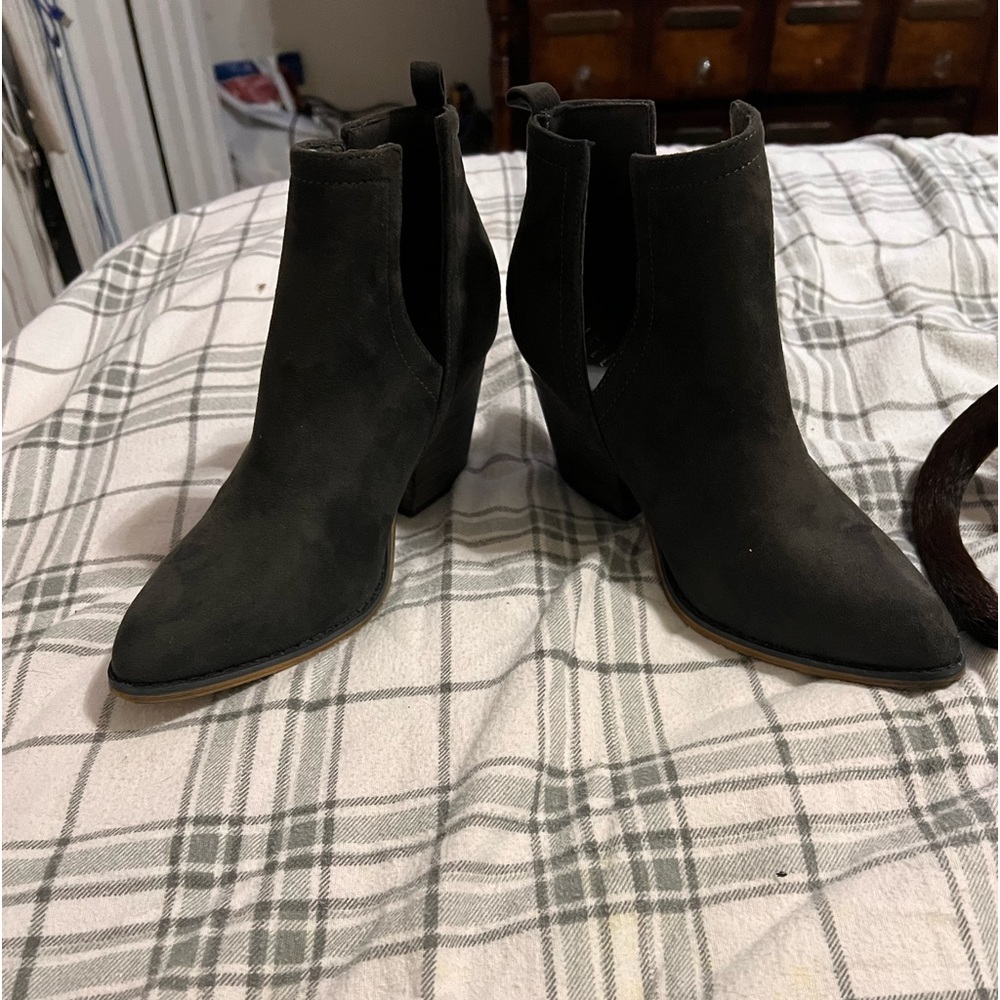 Dark grey boots. Size 71/2 approx. 3 inch heel but comfortable.